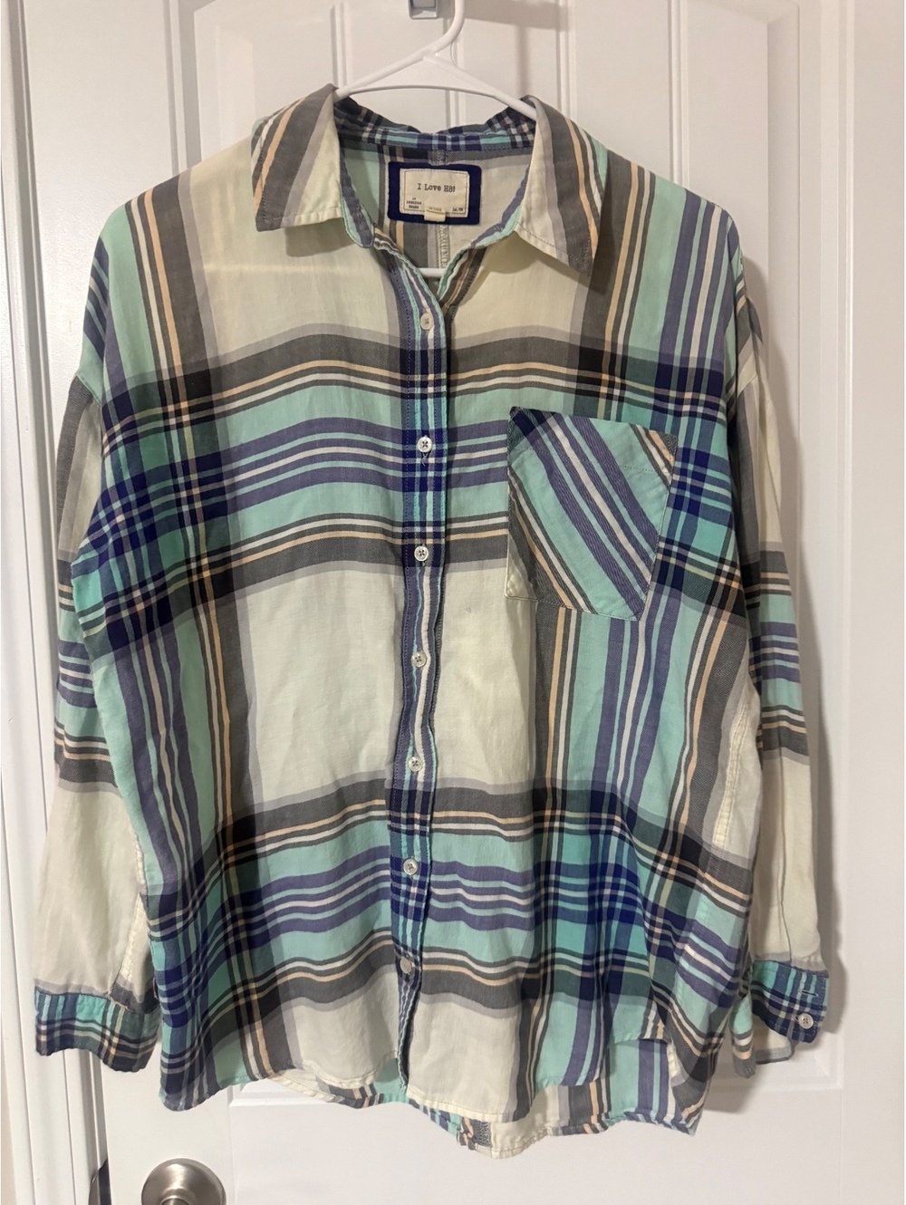 I Love H81 Women's Lightweight‎ Plaid Button-Up Shirt Size S/P